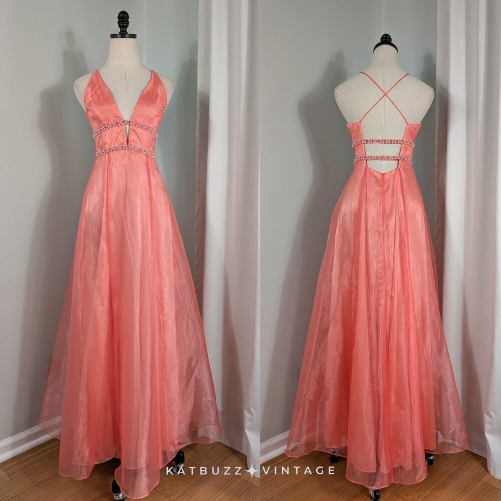 Vintage Dave Johnny Prom Dress Maxi Gown 4 Orange Peach Y2K Fairy Princess Glam